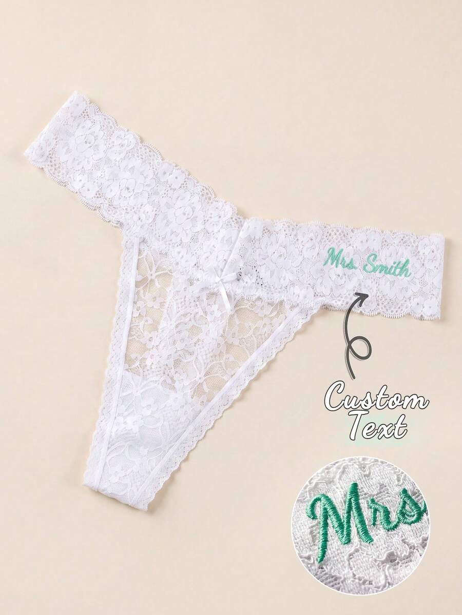Custom Text Embroidered Soft Lace Thongs For Women, Cute Floral Low Waist G-String Panties, Personalized Lingerie Birthday Anniversary Gift For Her - White - View 1