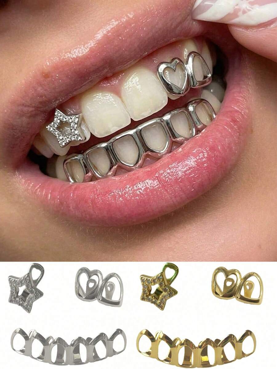 1 Set Cute Hollow Heart & Zirconia Star Combination Tooth Jewelry Set, Elegant Accessory For Party, Daily Wear, Holiday Gift - Multicolor - View 1