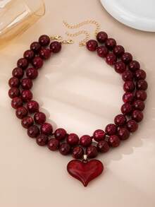 OABE 2pcs/Set Bohemian Style Round Bead Layered Necklace Set With Heart Pendant, Suitable For Women's Daily Wear, Holiday/Birthday Surprise Gift - Burgundy - View 6