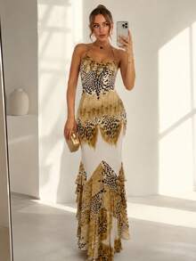 Leopard Print Elegant Dress Woman Summe Lace-Up Halter Backless Sleeveless Shape Waist Ruffles Hem Elegant Midnight - Khaki - View 2