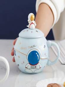 1pc Space Themed Planet Ceramic Mug, Reusable Coffee Cup With 3D Astronaut Shaped Lid, Fun Cosmic Travel Style Drink Vessel, Distinct Holiday And Birthday Gift, Great Tabletop Drinkware For Space Fans For Daily Use At Home And While Working Remotely - Multicolor - View 9
