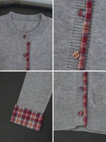 Women's Vintage Plaid Contrast Trim Knit Cardigan, Grey Round Neck Red Plaid Cuffed Short College Style Sweater Jacket - Grey - View 9