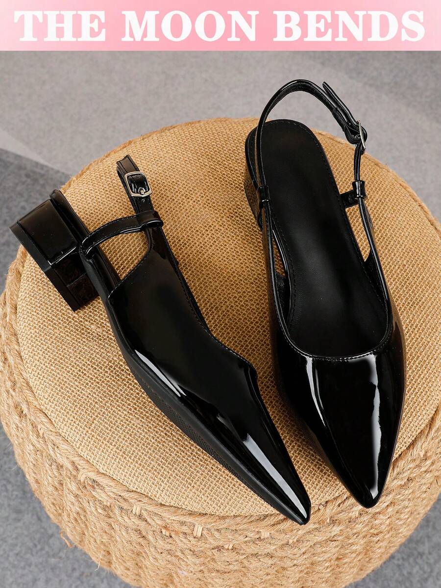 XBYASDF Women's Black Glossy Pointed Toe Chunky Heel Pumps, Cross Strap Buckle Slingback 3cm High Heels, Elegant Commute Office Sandals - Black - View 1