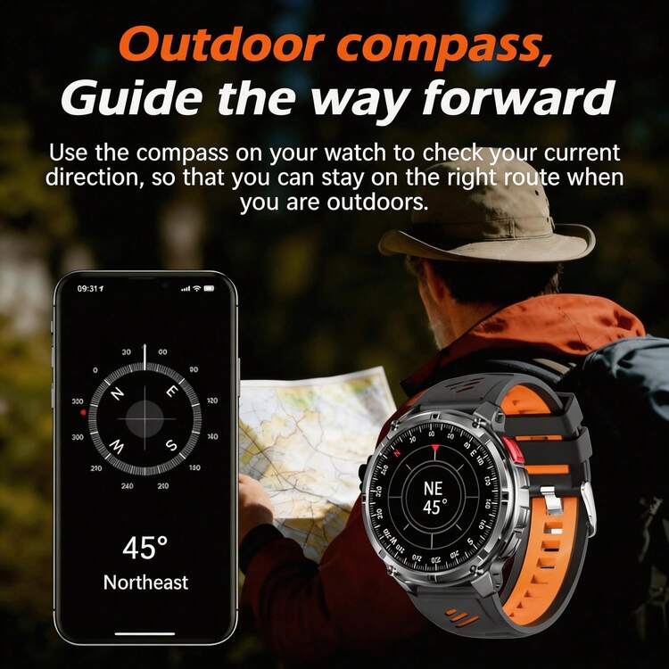 JIAYAOO Men's Durable Smartwatch, 1.7-Inch HD Round Display, 1100mAh Long Battery Life, Bluetooth Calling, Built-In LED Flashlight, Waterproof Outdoor Fitness Watch, 100+ Sports Modes, Suitable For Camping, Hiking, Running, Cycling And Daily Wear - View 7