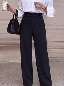 Women's Black Woven Wide Leg Pants, Button Decor, Long Straight Leg Trousers, Create Elegant Autumn Outfit - Black - View 7
