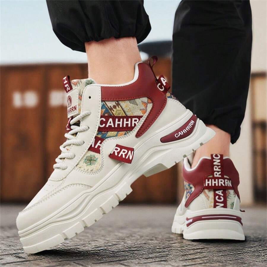 Men's Fashion Lace‑Up Platform Casual Sneakers, Colorful Geometric Patchwork Contrast Trim, Work‑Inspired Dad Shoe Style For Walking Running Driving - Red - View 1