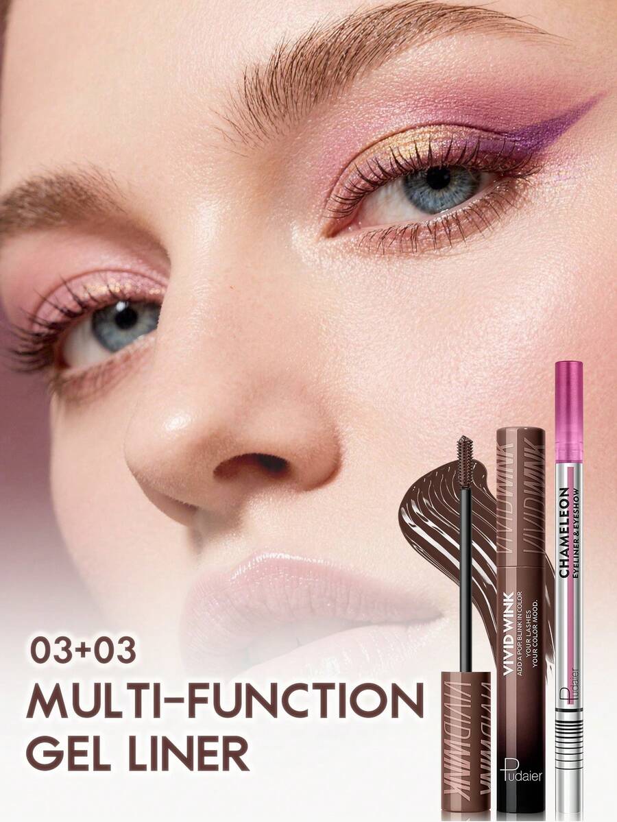 Pudaier 1pc Colored Mascara & 1pc Double-Ended Eyeliner Set Lengthening Curl-Enhancing Volumizing Mascara With Pearl Eyeliner Smooth Glide & Precise Definition Multi-Color Creative Gradient Eye Look Daily Makeup, Parties ,Halloween Costume Makeup - 03+03 - View 1
