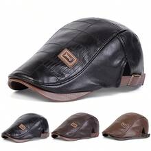 1pc Men's PU Leather Adjustable Beret Hat, Outdoor Casual Cap For Spring/Autumn Travel, Beach And Party - Multicolor - View 1