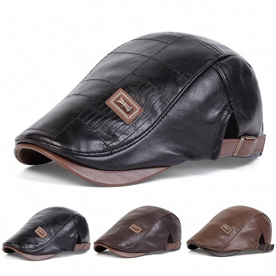 1pc Men's PU Leather Adjustable Beret Hat, Outdoor Casual Cap For Spring/Autumn Travel, Beach And Party - Multicolor - View 1
