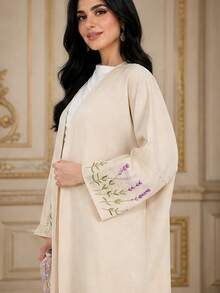 1pc Middle Eastern Elegant Embroidered Cover Up Abaya Women's V-Neck Long Outerwear Robe With Lavender Floral Embroidery Cuffs Loose Cover-Up - Apricot - View 5