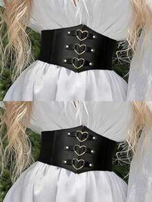 1pc Women's Dark Fashion PU Leather Elastic Corset Belt With Heart Shaped Ring Decor, Versatile For Halloween, Renaissance Outfit - Black - View 12