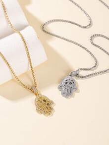 1 Hamsa Hand Pendant Necklace, Sparkling Rhinestone Charm, Vintage Boho Style, Unisex Daily Jewelry - Multicolor - View 2