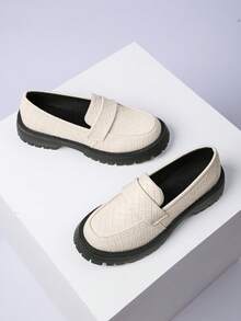 French Style Quilted Thick Sole Loafers For Women, Platform Chunky Heel Slip-On Minimalist Commuter Versatile Shoes - Beige - View 7