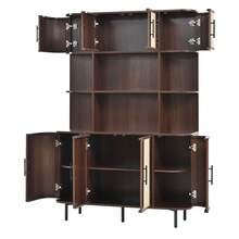 Tall Cabinet, Sideboard With Rattan Front, MDF Body, 8 Doors, Black Handles, Iron Legs, Modern Design Storage Unit - Walnut + Beige - View 6