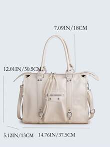 Large Capacity Beige Patchwork PU Shoulder Tote Bag With Zipper Detail, Rivets, Tassels, Drawstring Closure And Body Wrap Buckle, Suitable For Daily Commute And Office - Beige - View 7