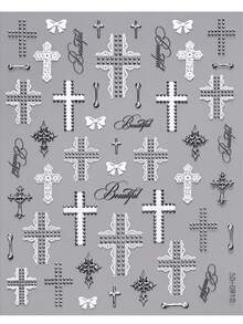 1pc Studs Polka Dots Cross Matrix Nail Art Stickers Gothic Letters Metallic Silver Lace Cross Self-Adhesive Nail Stickers Punk Cross-Shaped Nail Decals - Multicolor - View 10