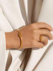 VceTd 1/2PCS Classic Minimalist Style Stainless Steel Women's Open Bangle/Ring Set With Knot Design, Suitable For Women's Daily Wear - Yellow Gold - View 9