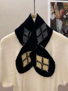 1PC Women's Casual Retro Colorblock Diamond Pattern Knitted Scarf, Versatile Warm Neck Warmer - Multicolor - View 4