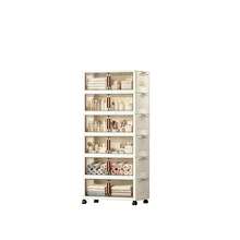 Armário Organizador Multiuso Dobrável 6 Camadas, Largura 48cm Branco Creme, Portas Semitransparentes Fumê à Prova de Poeira, Travas Laterais Empilháveis, Rodinhas 360° com Trava, Organizador Doméstico para Roupas, Brinquedos, Cosméticos, Livros, Utensílios, Quarto, Cozinha e Sala  L - Bege - Visão 9