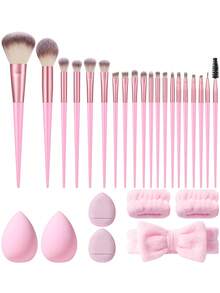 27/1pc Light Pink All In One Beginner Makeup Tools Set , 20Pcs Versatile Makeup Brushes , 2Pcs Makeup Sponges , 2Pcs Finger Powder Puffs , 1Pc Bow Hairband , 2Pcs Wrist Bands , Practical Complete Kit For Daily Full‑Face Makeup - Multicolor - View 14