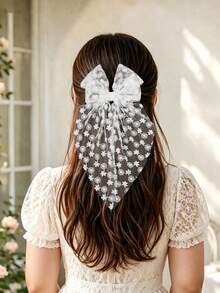 1件女童蕾絲刺繡蝴蝶結面紗髮夾，仙女風緞帶兒童髮飾 - 彩色 - 查看 2