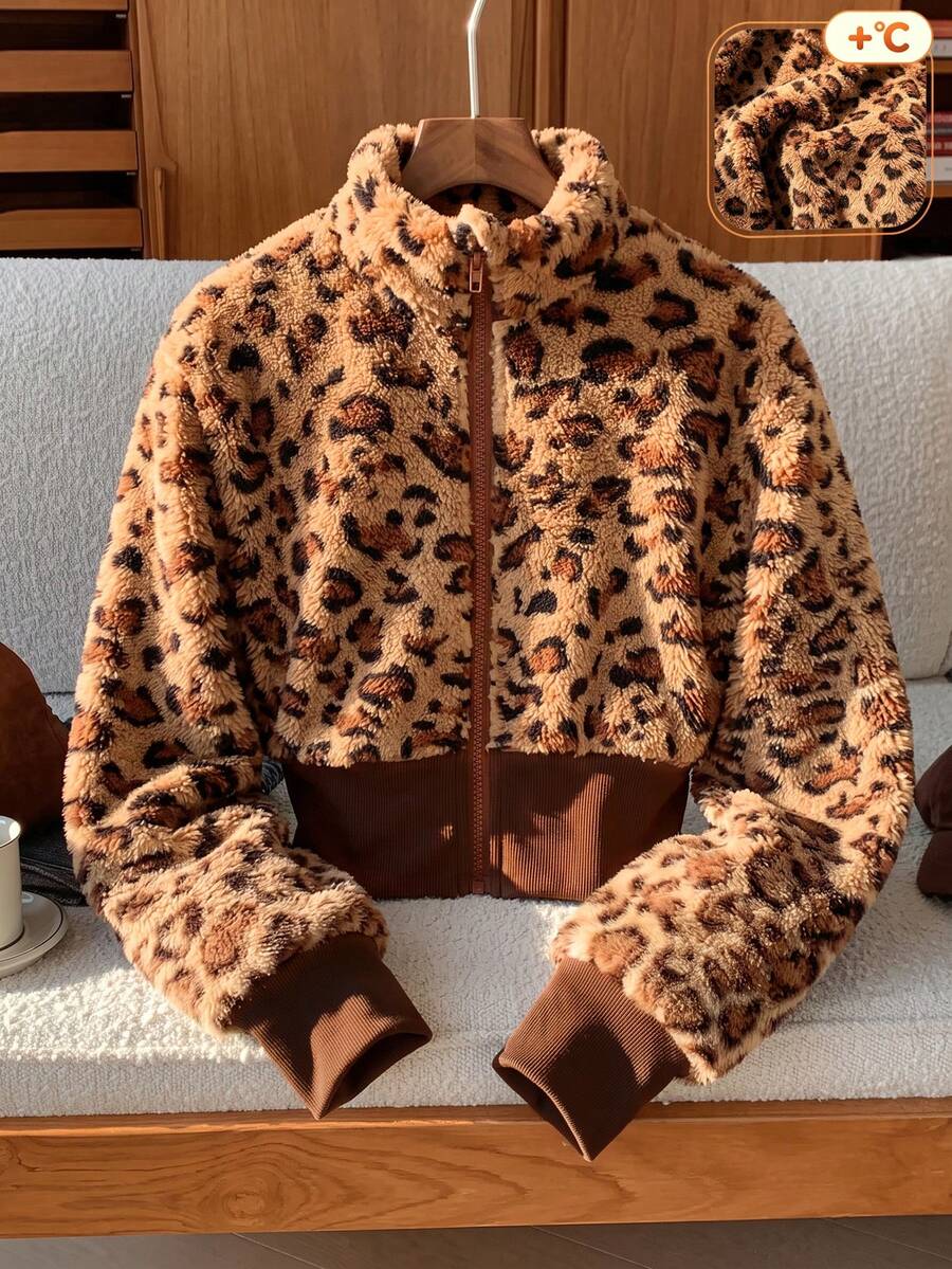 Lurzo Tween Girls' Autumn/Winter Y2K Vintage Leopard Print Plush Short Jacket, Stand Collar Zipper Design, Ribbed Waist, Warm Plush, Suitable For Outdoor Wear - Brown - View 1