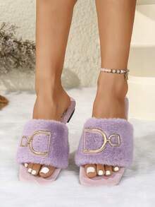 Women's Fashionable Luxury Metal Buckle Plush Flat Square Toe Slide Slippers, Versatile Outdoor Wear, Women's House Slippers - Lilac Purple - View 3