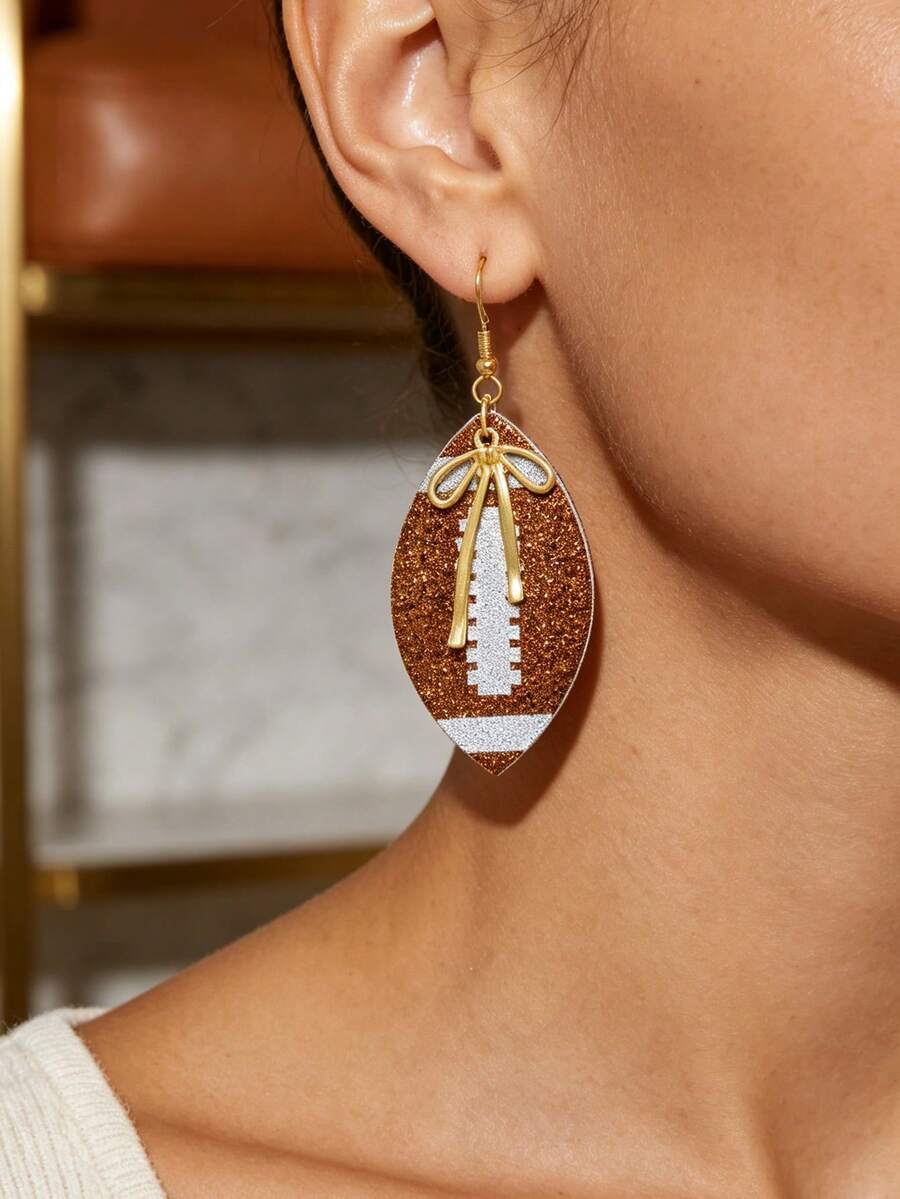 1 Pair Sporty Sequin Print Football & Bow Knot Layered Women's Earrings - Brown - View 1