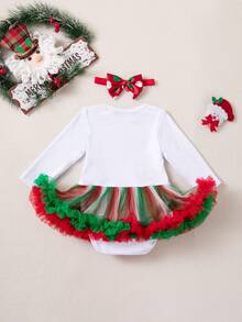 2pcs/Set Baby Girl Christmas Party Outfit Cartoon Christmas Tree Pattern Long Sleeve Romper Dress Fashionable Cute Infant Holiday Photo Outfit With Hair Accessory - White - View 3