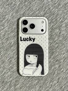 1件裝 黑白卡通女孩印花手機殼，銀色波點邊框「Lucky」字母大相機窗亮面硬殼保護套，適用 18 Pro Max、17、16 Pro、15 Pro、14 Pro、13、12、11，Y2K 風格手機殼 - 黑白波點爽子 - 查看 2