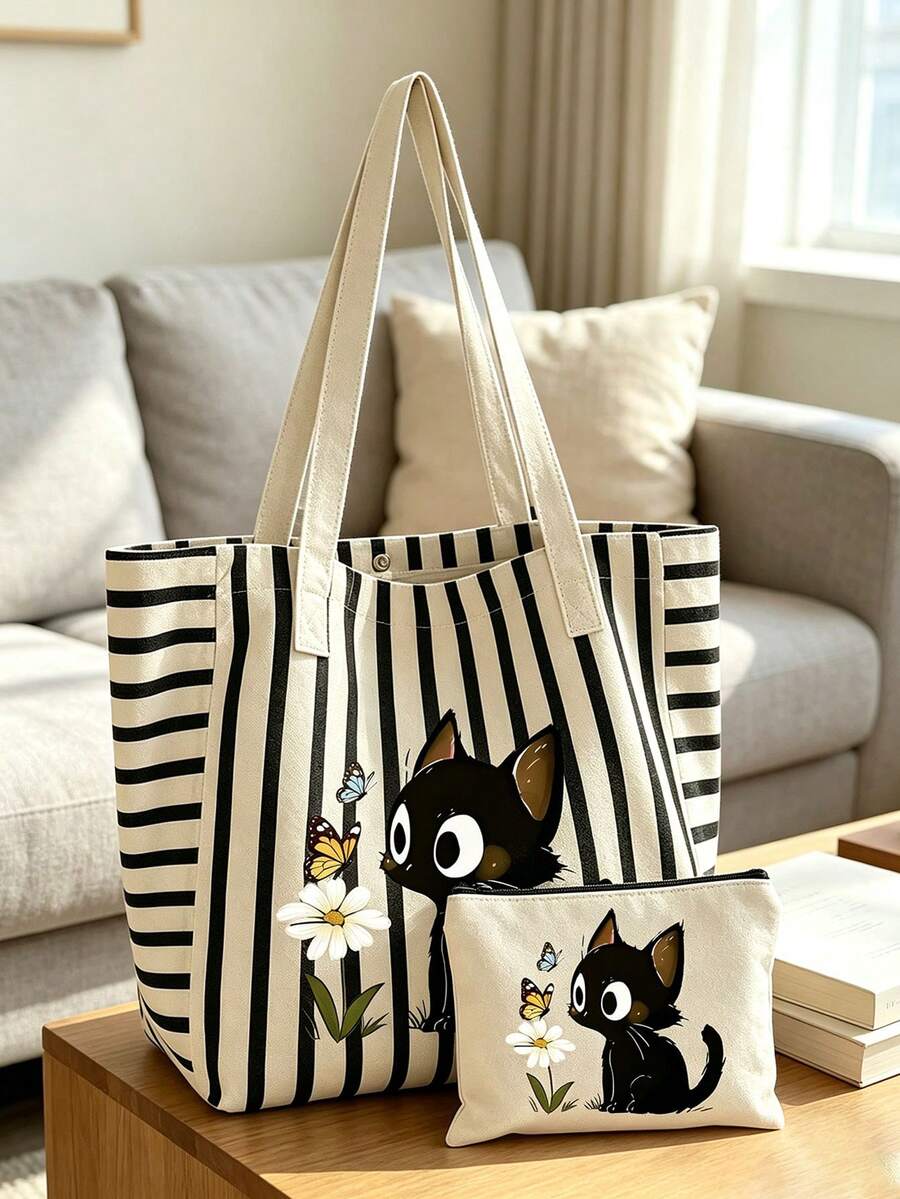 Set Tas Tote Kanvas Bergaris Motif Kucing Hitam Lucu dan Kupu-kupu Daisy dengan Dompet Kecil, Tas Bahu Kapasitas Besar untuk Wanita, Cocok untuk Perjalanan Sehari-hari dan Sekolah. - MultiWarna - View 1