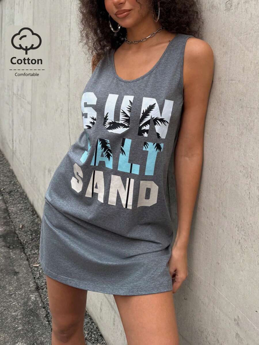 休閒時尚無袖迷你洋裝,印有「SUN SALT SAND」文字與黑色棕櫚樹裝飾,優雅風格 - 灰色 - 查看 1