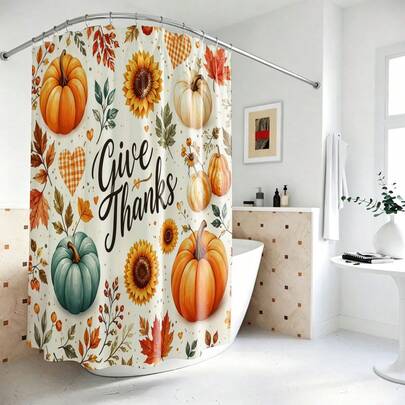 1pc Autumn Pumpkin Harvest Thanksgiving Print Shower Curtain, Abstract Vintage Polyester Fabric Shower Curtain, With 12 Hooks, Suitable For Bathroom Or Bathtub Decor
