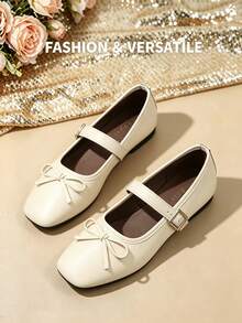 Women's Soft Round Toe Buckle Flat Mary Jane Shoes With Sweet Bow, Gentle Style, Versatile For Spring And Autumn Outings - Beige - View 1