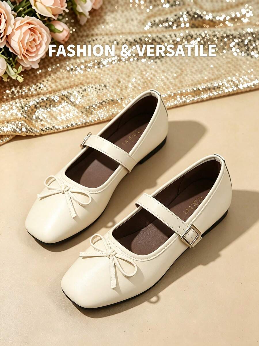 Women's Soft Round Toe Buckle Flat Mary Jane Shoes With Sweet Bow, Gentle Style, Versatile For Spring And Autumn Outings - Beige - View 1