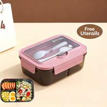 1pc Lunch Box - Pink - With Utensils, Bento Box With Spoon And Fork, Microwave Lunch Box, Insulated Bento Lunch Bag, 3-Compartment Food Storage Container Set - Multicolor - View 9