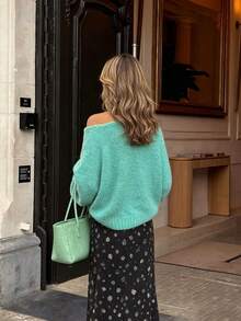 MORI Fall Winter Women Sweaters Elegant Casual Y2K Mint Green Asymmetrical Off Shoulder Fuzzy Long Sleeve Loose Knit Pullover Outfits - Mint Green - View 5