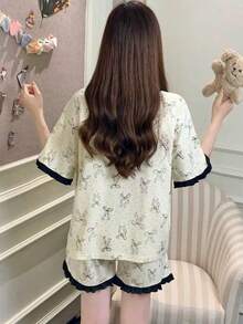 2pcs Women Pajama Set, Bow Print Short Sleeve And Shorts, Casual Comfortable Fashion, Suitable For Spring/Summer Home Wear - Champagne - View 3
