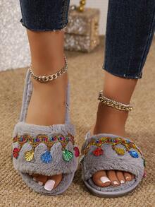 Vintage Embroidered Trim Plush Slippers, Fashionable Grey Women Slides With Colorful Sequin Charms - Grey - View 3
