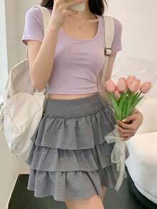 Sweet Solid Color Cake Skirt, Elastic Waist, Multi-Layer Ruffle Hem, Slimming, Anti-Exposure, Fluffy Skirt - Grey - View 5