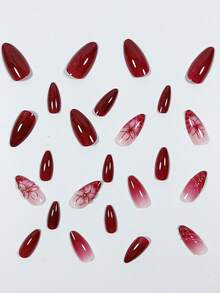 Burgundy 3D Petal French Leopard Print Vintage 24pcs Medium-Long Almond Shape Press-On Nails, Fake Nail Tips, Nail Stickers, Y2K Nails - Multicolor - View 4