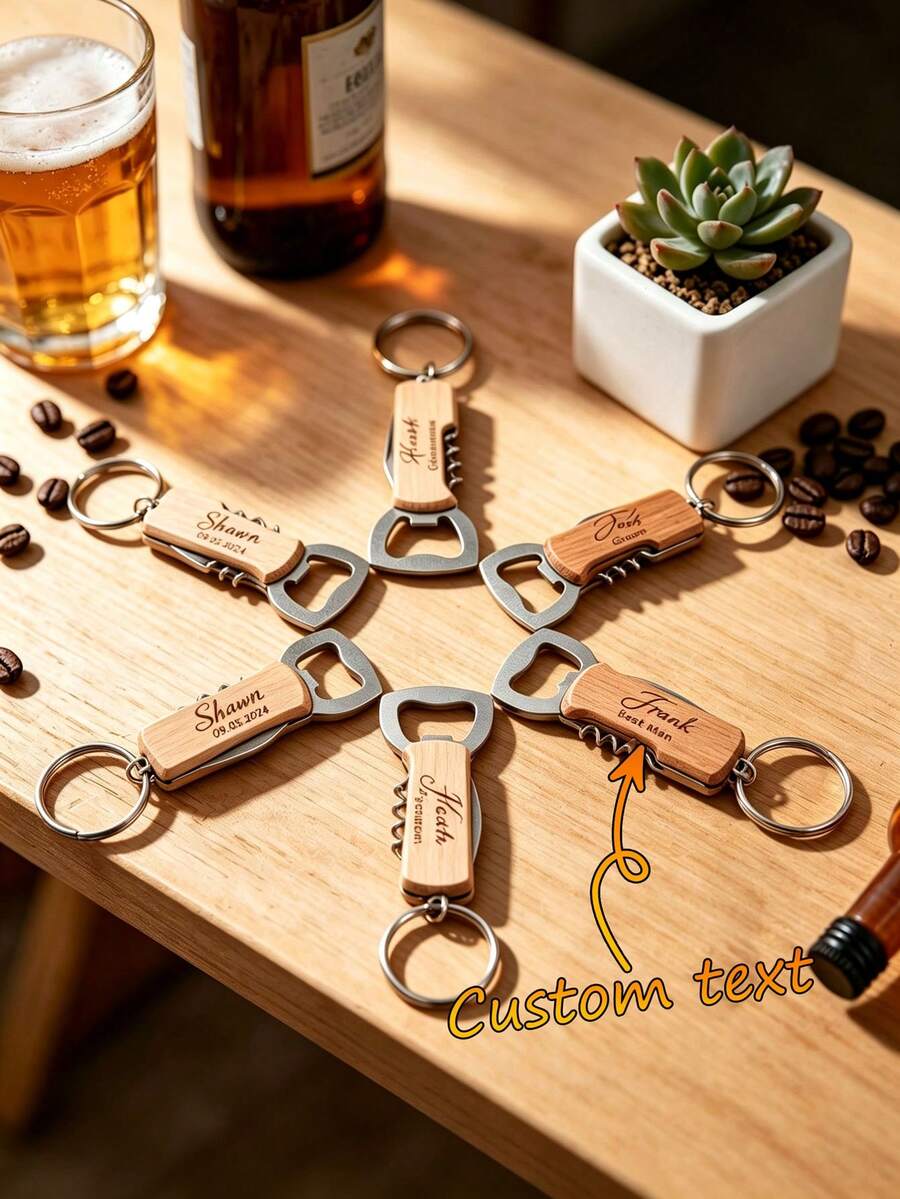 Laser Engravable Wooden Multi-Function Bottle Opener Keychain, Dual-Use Beer And Wine Opener Tool With Wine Corkscrew, Metal Key Ring For Keys And Backpacks, Premium Natural Wood Handle With Durable Rust-Resistant Metal Parts, Sturdy Craftsmanship, Supports Custom Name, Anniversary, And Personalized Message, Compact And Portable For Home Gatherings, Outdoor Camping, And Party Dinners - Apricot - View 1