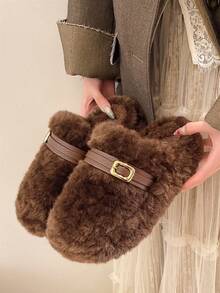 2026女款冬季新款厚底包頭毛絨黑色居家拖鞋，戶外可穿，秋冬新款仙氣風皮革腰帶扣鬆弛毛絨拖鞋，春秋室內居家辦公豹紋拖鞋 - 棕色 - 查看 6