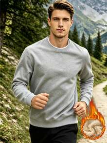 Men's Outdoor Fleece Sweatshirt, Thickened Sherpa Crew Neck Warm Pullover Long Sleeve Top - Grey - View 1