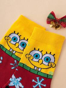 SpongeBob SquarePants 1 Pair SquarePants Series Snowman Pattern Personalized Fun Men's Mid-Calf Socks, Christmas Style - Multicolor - View 3