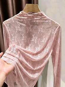 Women's Lace Mock Neck Mesh Long Sleeve Inner Layer Top - Pink - View 5