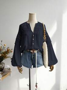 Rusttydustty Women's Standard Size Long Sleeve Blue Lace Blouse, Casual Vacation Bohemian Style, Suitable For Autumn - Navy Blue - View 4