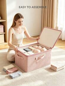 1pc Linen-Style Fabric Storage Box With Lid, Foldable Polyester Fiber Storage Bin With Reinforced Handles, Dust-Proof PE Lining Organizer Box For Clothes, Bedding, Miscellaneous Items, Closet Bedroom Home Storage Container - Multicolor - View 10