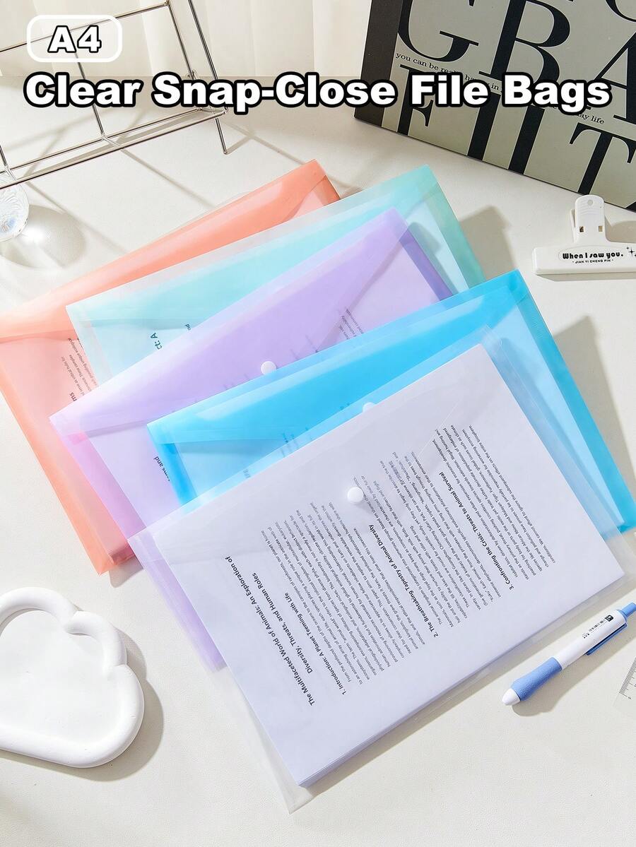 5/10/20pcs A4 Snap Closure File Folders, Waterproof Plastic Material, Suitable For School, Office, Teachers, Students, Home Use, Back To School Reports, Artwork, Project Storage, Moisture-Proof, Neat And Portable, Suitable For Desk, Backpack, Classroom, Labelable, Space-Saving - Sets - View 1