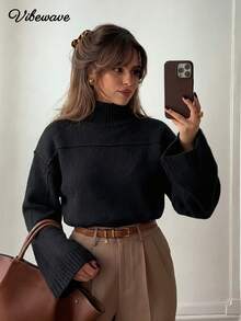 VIBEWAVE Sweater Rajut Longgar dengan Bahu Jatuh dan Leher Tinggi, Gaya Klasik dengan Jahitan Kontras, Atasan Lengan Panjang Mengembang, Sweater Rajut Warna Polos Minimalis untuk Perjalanan Musim Gugur/Dingin dan Pakaian Jalanan - Hitam - View 3